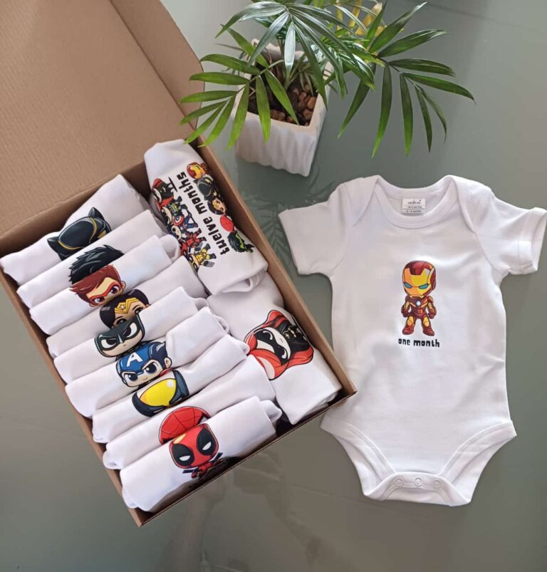Superhero babygrow set in box
