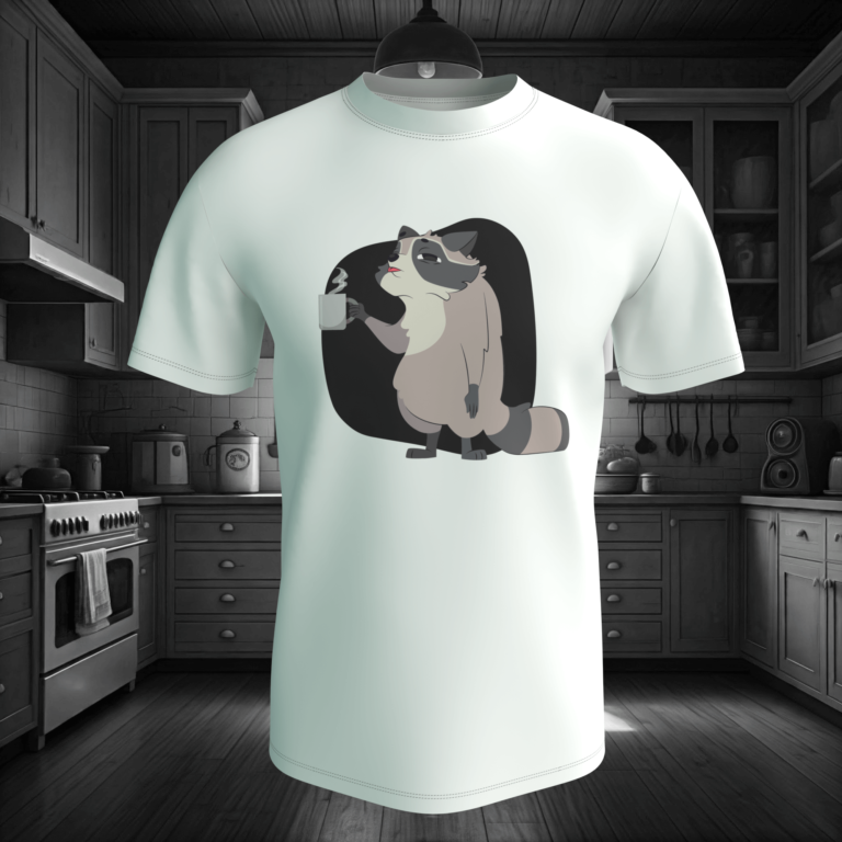 Grumpy raccoon holding a coffee mug, showing an unimpressed look, on a "Not a Morning Raccoon" t-shirt design